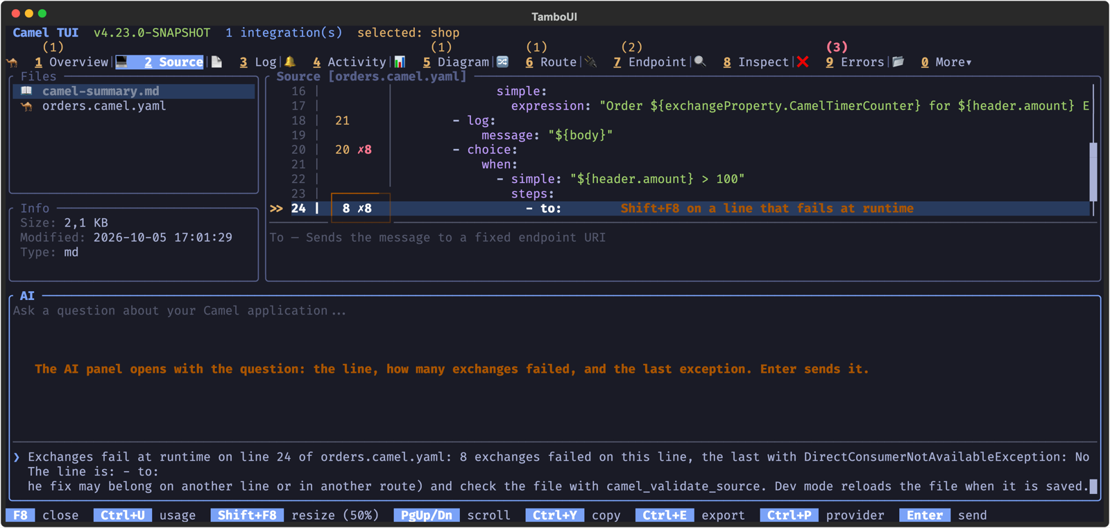Shift+F8 on a line that fails at runtime writes the question for the AI