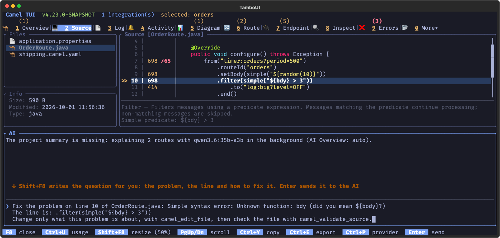 Shift+F8 writes the question for the AI